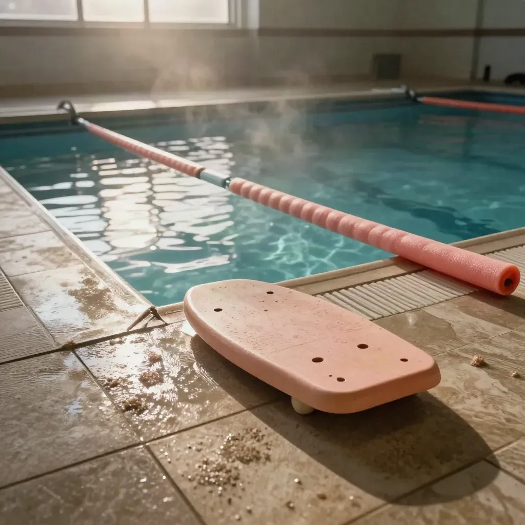 Couloir débutants en piscine avec frites, planches et lumière chaude sur eau calme.