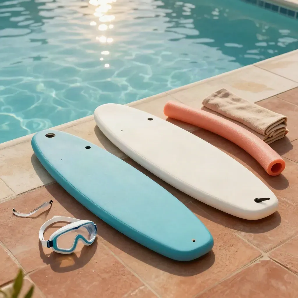 Matériel de coaching piscine: planches, lunettes enfant, frite et serviettes au bord du bassin.