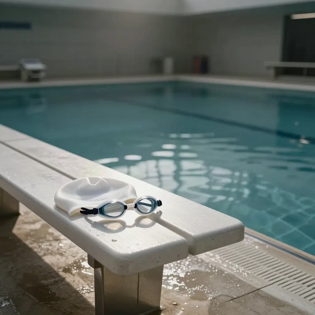 Banc de piscine avec bonnet, lunettes et ligne d’eau calme dans une lumière dramatique.