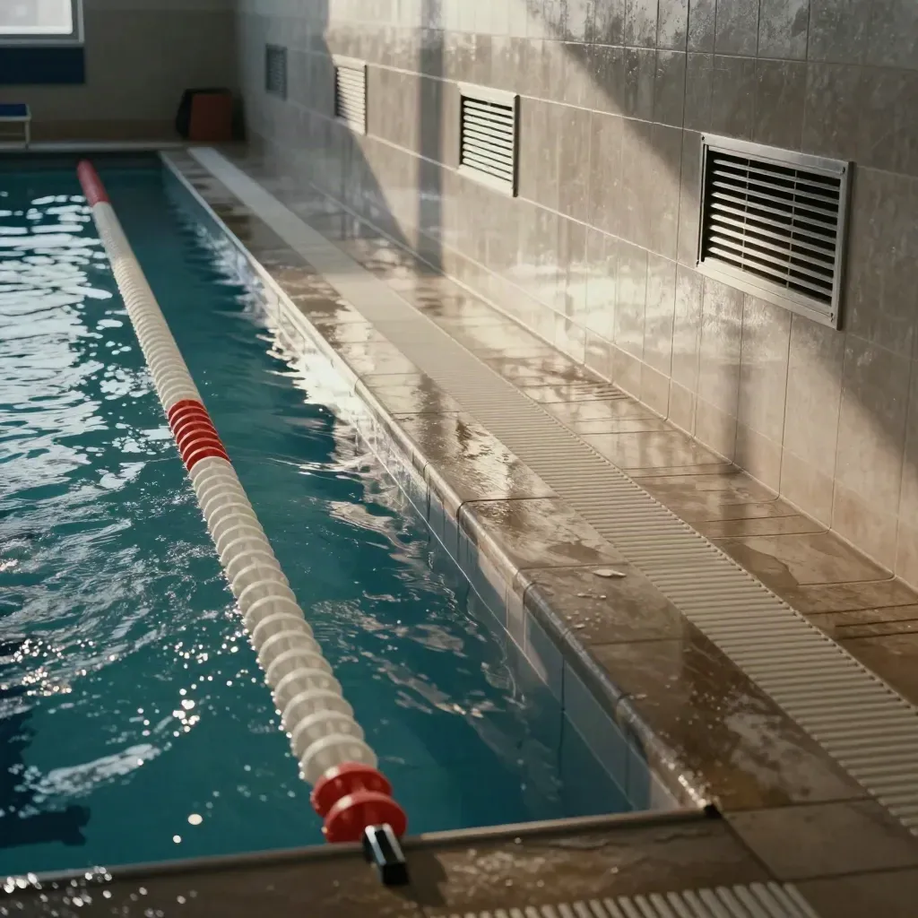 Couloir de virage de piscine, lignes d’eau nettes, mur de finition et éclats d’eau.