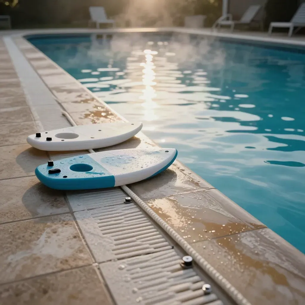 Couloir de piscine calme avec deux planches, une marche et une ligne d’eau remise en ordre.