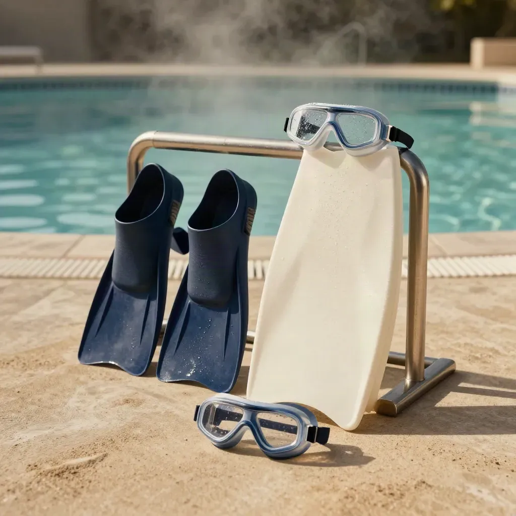 Matériel de natation enfant qui sèche près du bassin, dans une lumière douce du matin.