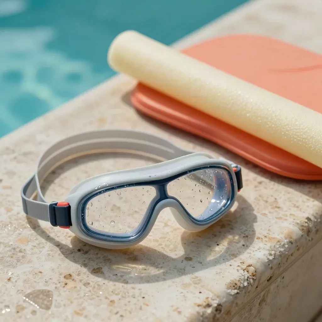 Goggles enfant, mini planche et fritte de natation sur margelle en travertin, avec gouttes d’eau.