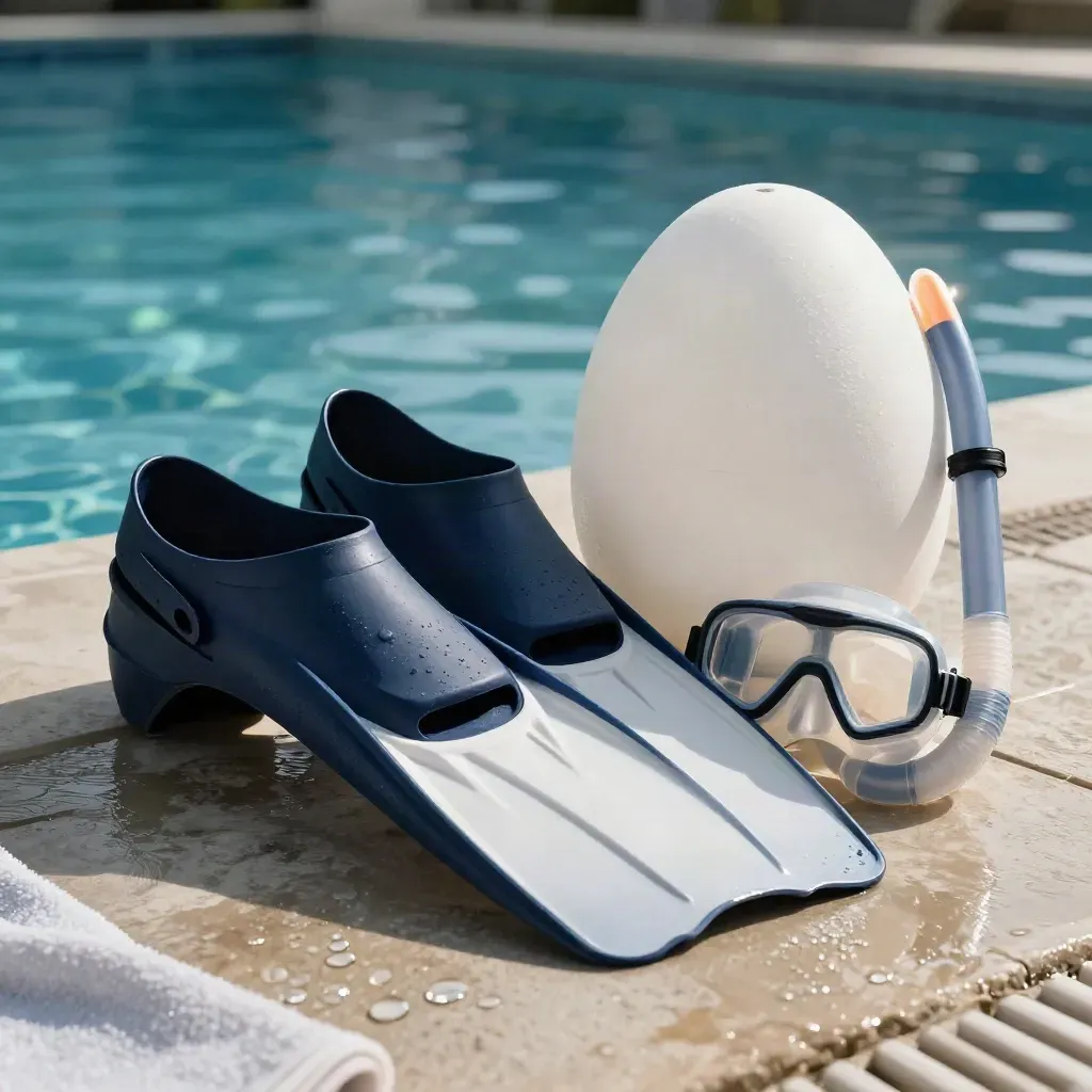 Matériel d’entraînement natation posé au bord d’un bassin, avec palmes, pull buoy et tuba.