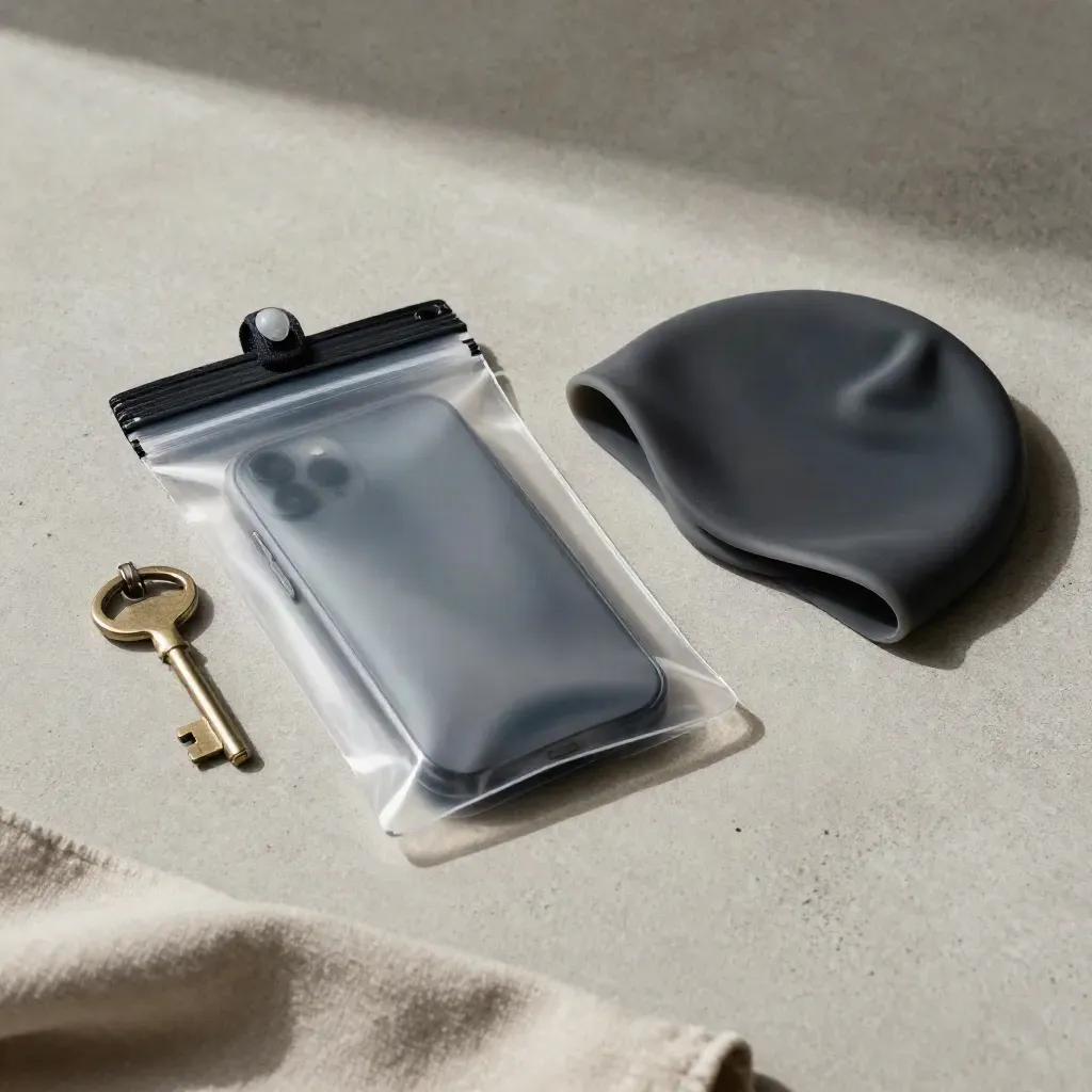 Flatlay d’une pochette étanche, d’une clé de piscine et d’un bonnet de bain sur béton clair.