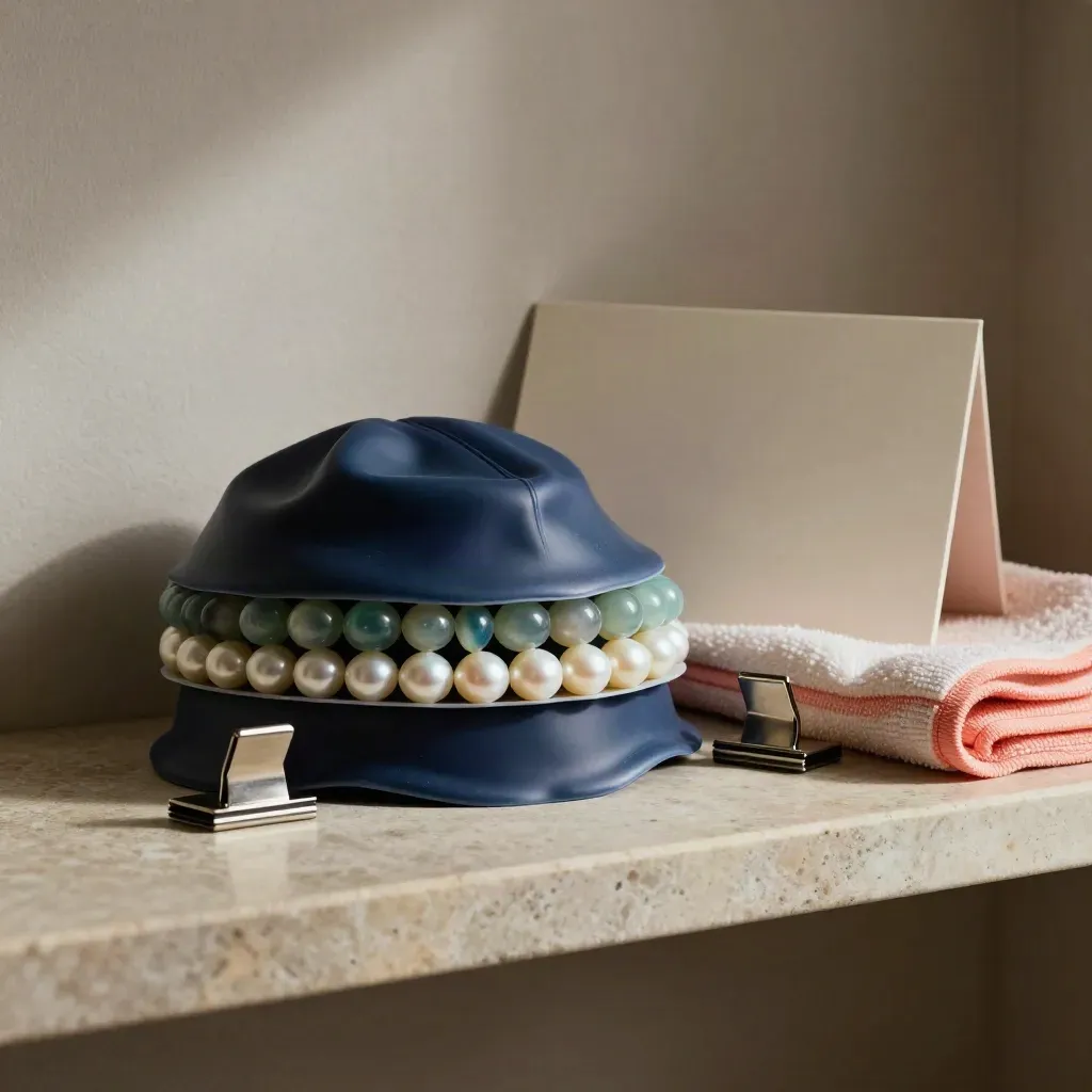 Trois bonnets, deux pinces et une serviette pliée sur une étagère en pierre claire.