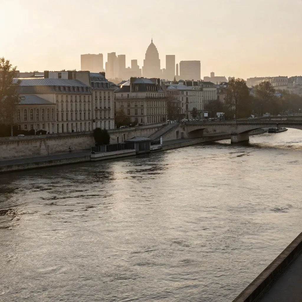 Vue dorée de Paris et de la Seine, toits en zinc, horizon brumeux, espace calme pour le texte.