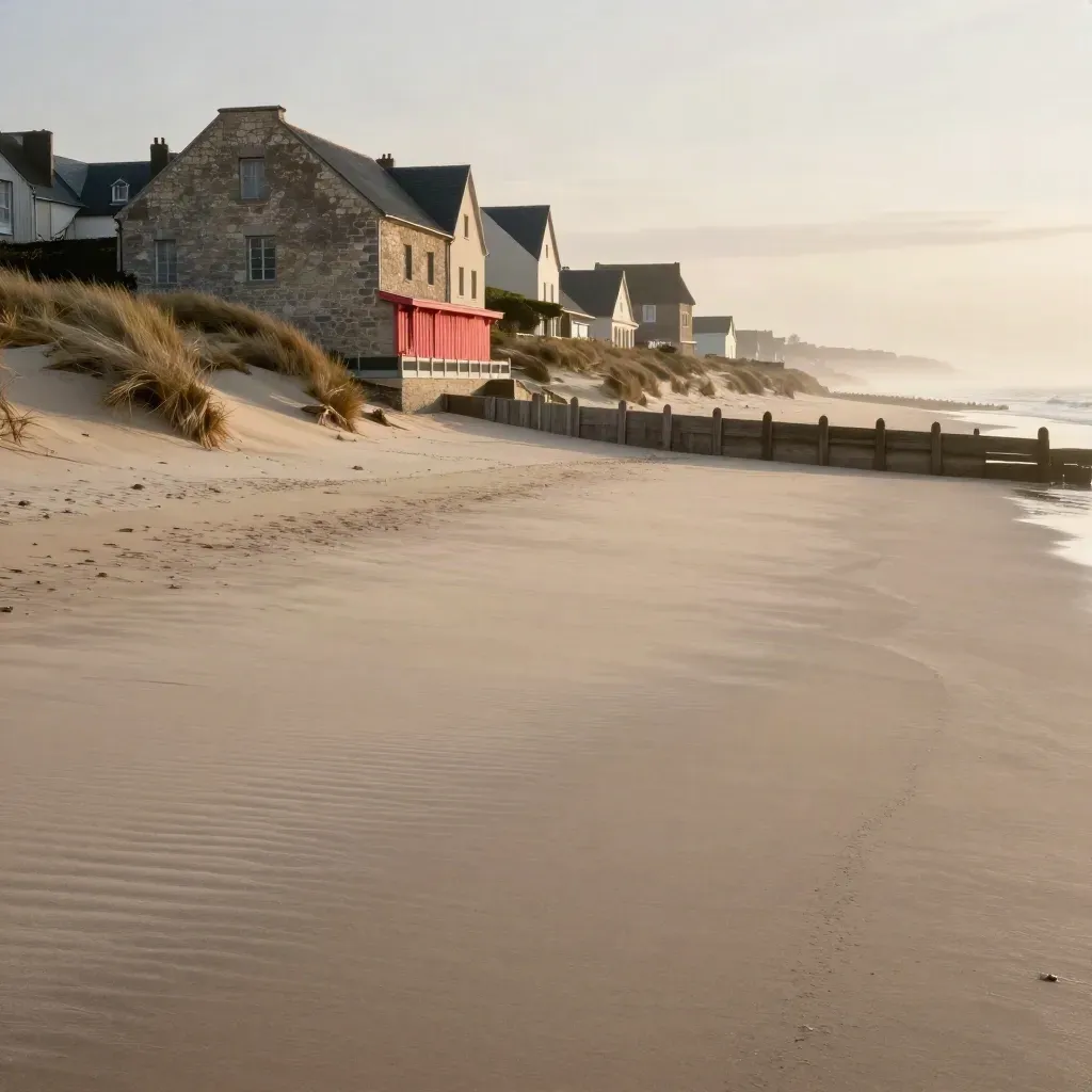 Côte de l’Opale au soleil couchant, dunes, digues claires et architecture côtière discrète.