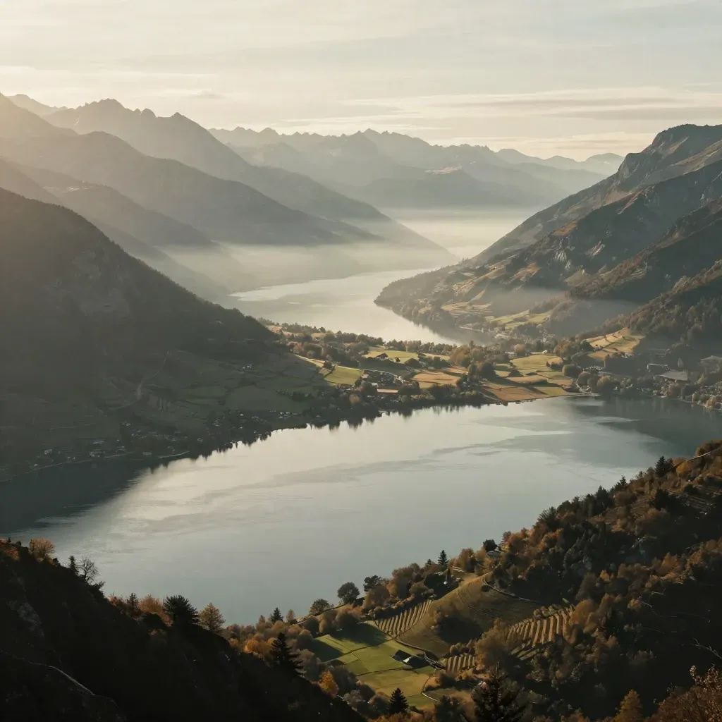 Vue du lac d’Annecy sous une brume lumineuse, avec crêtes alpines et vallée calme.