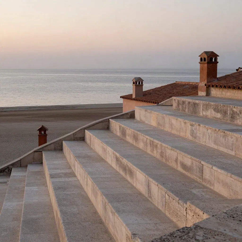 Terrasses calcaires et toits pastel de la côte méditerranéenne au crépuscule, mer calme.