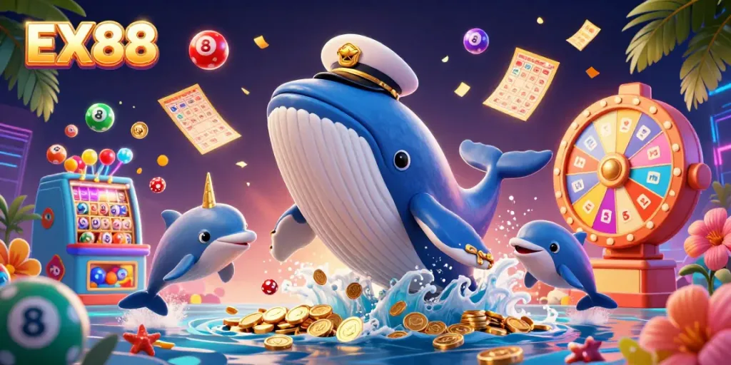 Engage with EX88's vibrant whale and dolphin casino scene showcasing exciting gaming elements.