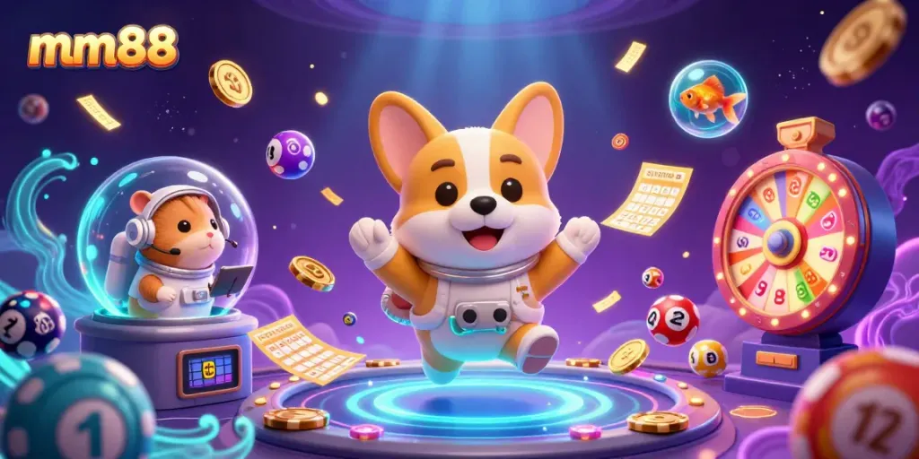 Experience the thrill of mm88 casino with a playful astronaut corgi in a dynamic space station scene.
