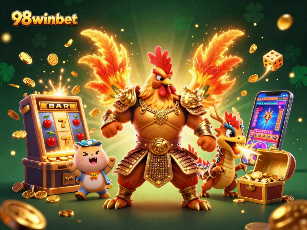 Play at 98winbet with dynamic illustrations of a rooster warrior and dragon amid casino thrills.