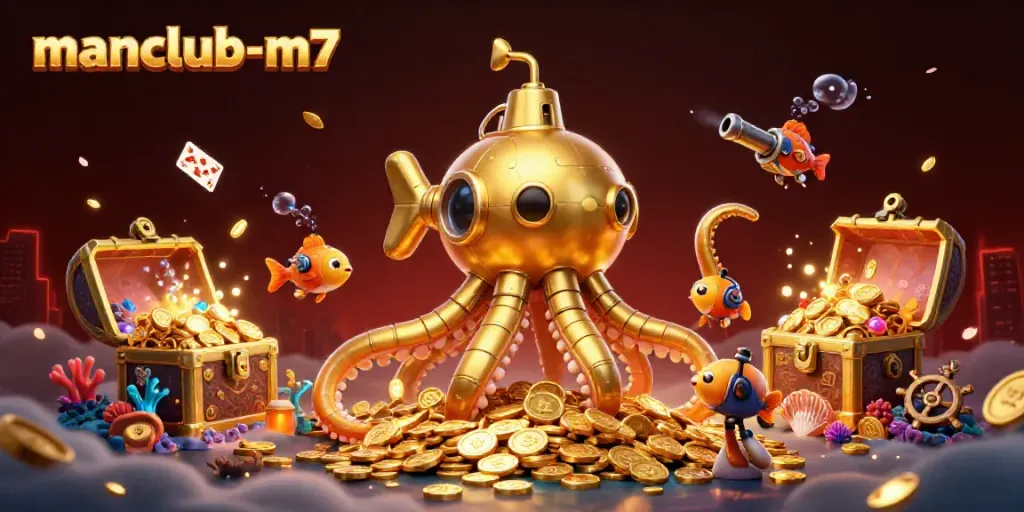 Experience thrilling games at manclub-m7 with vibrant visuals of a golden kraken and underwater treasure.