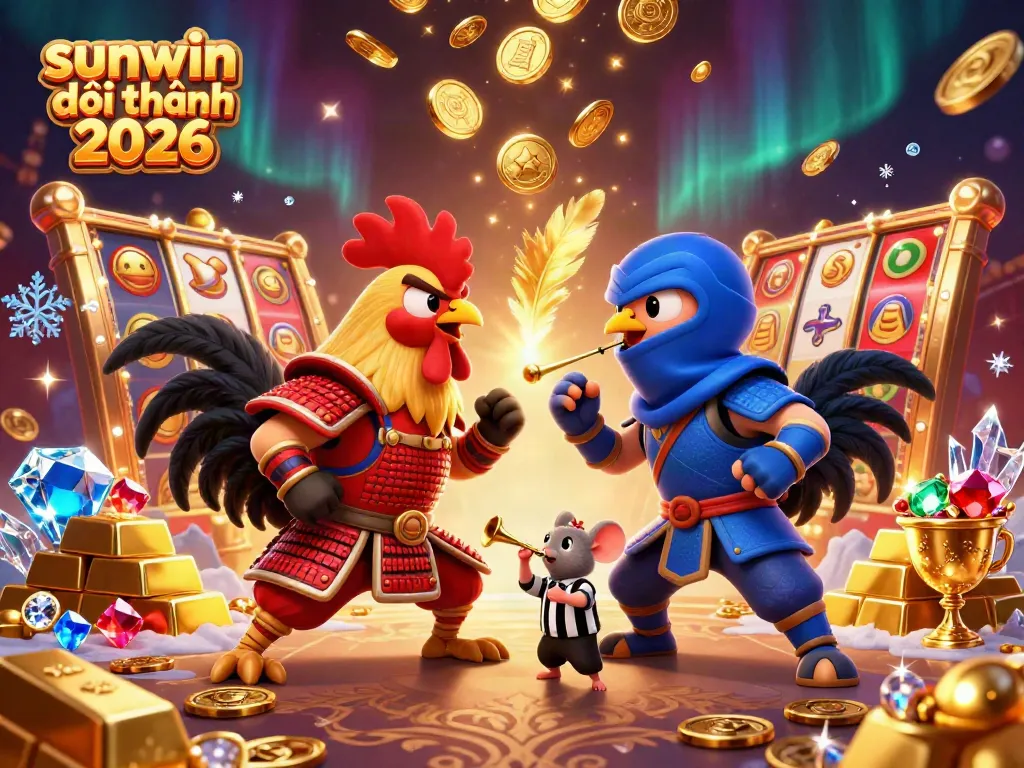 Experience the excitement of sunwin đổi thưởng 2026 with dynamic fighting roosters and treasure-filled slot game elements.