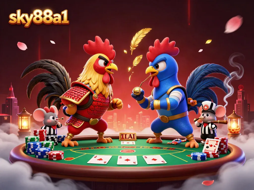 Engage in thrilling gameplay at sky88a1 with epic roosters facing off over poker chips and cards.