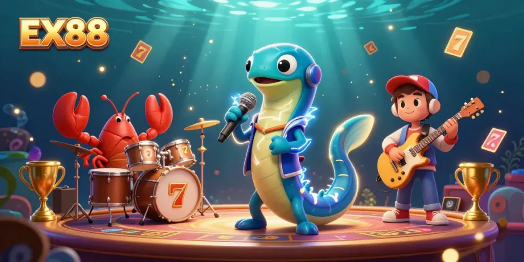 Play exciting games at EX88 with a vibrant underwater casino featuring cartoon characters.