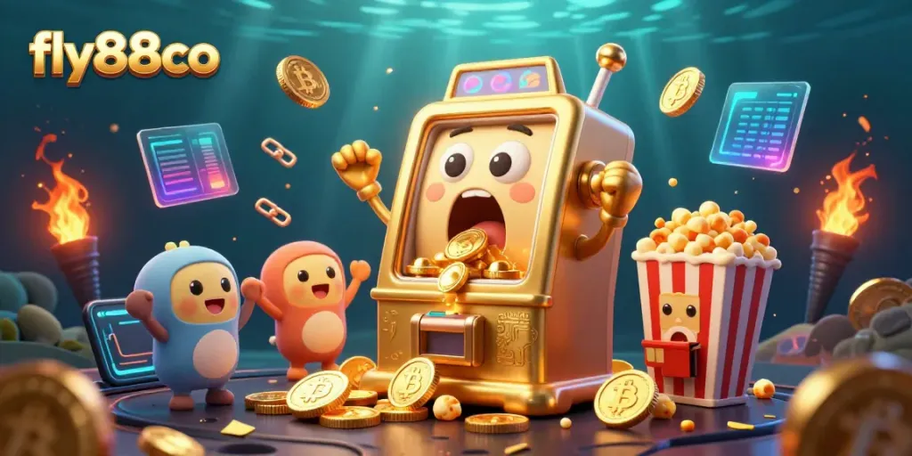 Experience the thrill of fly88co with a golden slot machine celebrating its jackpot amidst cheering baby machines and floating cryptocurrencies.
