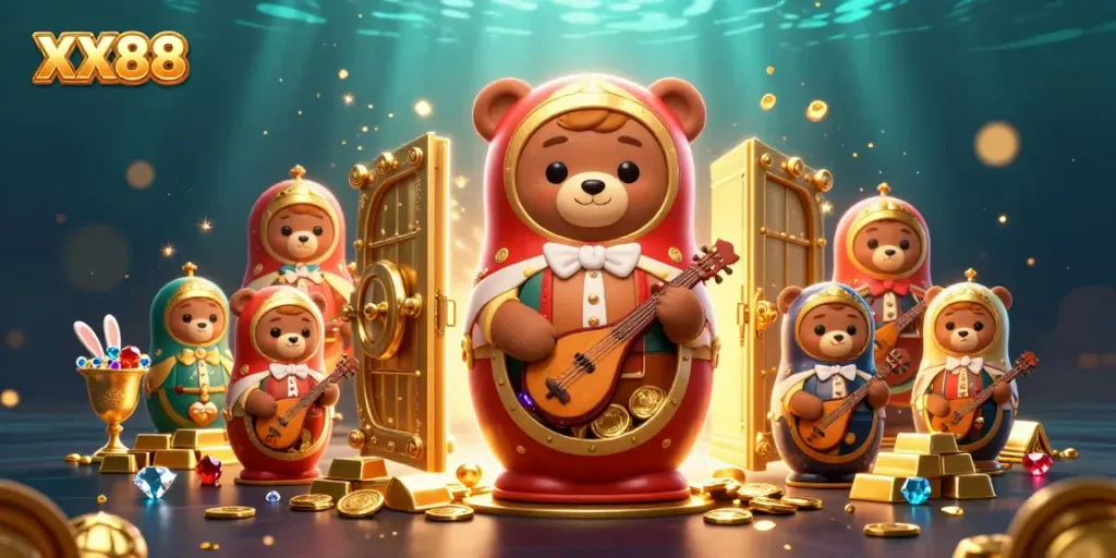 Engaging illustration of XX88 with casino elements, showcasing a Matryoshka bear and dazzling treasures.