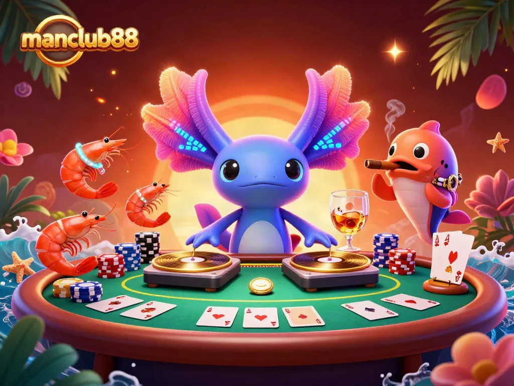 Engage in vibrant games at manclub88 with a lively casino scene featuring an axolotl DJ and poker elements.