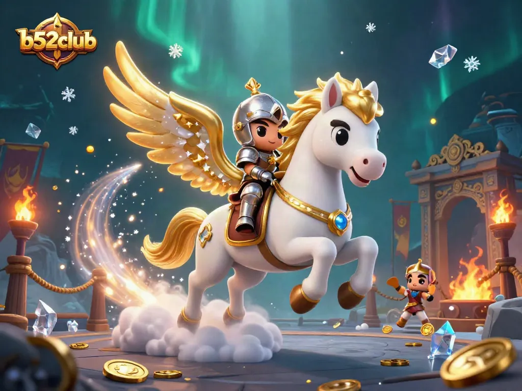 b52club offers thrilling casino experiences with a celestial twist, featuring a knight and a magical horse.