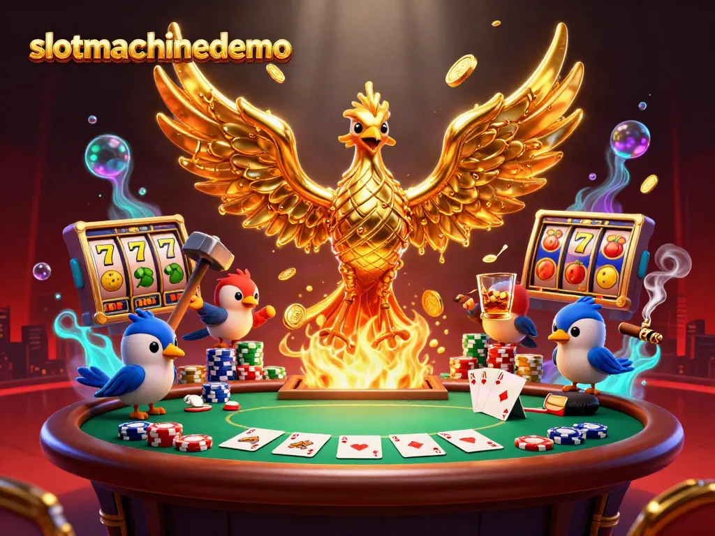 Experience the excitement of slotmachinedemo with a dynamic scene featuring a golden phoenix and casino elements.
