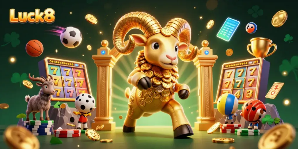 Experience the excitement of Luck8 with a golden ram charging past a golden gate amidst dynamic betting elements and sports.