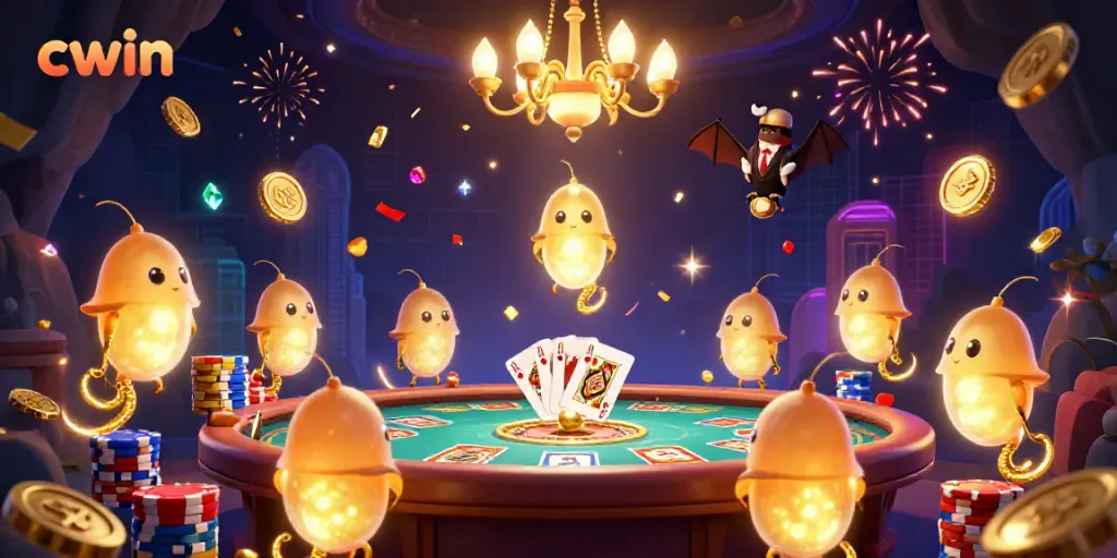 Cwin dazzles with a vibrant cave casino scene featuring glowworms and gaming elements in a 3D illustration.