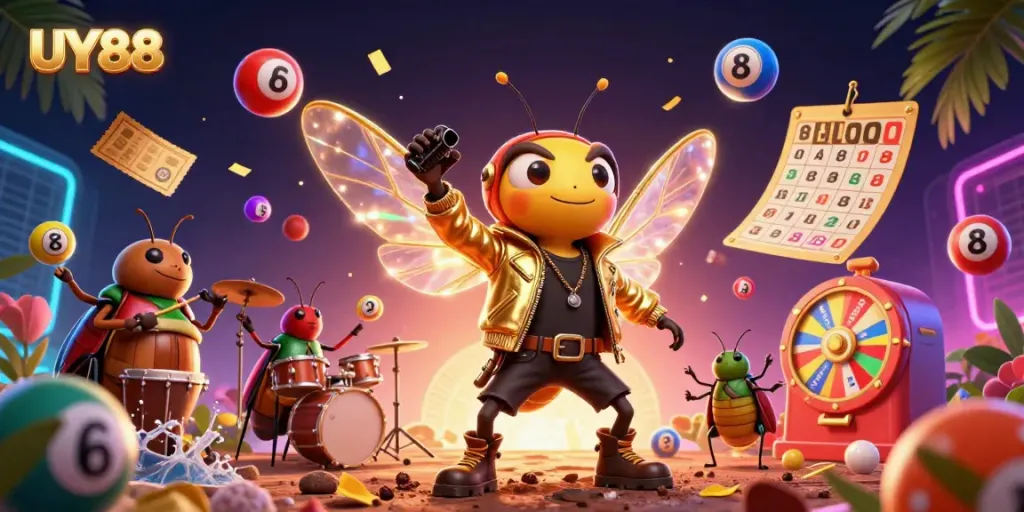 Experience the UY88 excitement with a vibrant 3D casino scene featuring a rock star cicada and dynamic lottery elements.