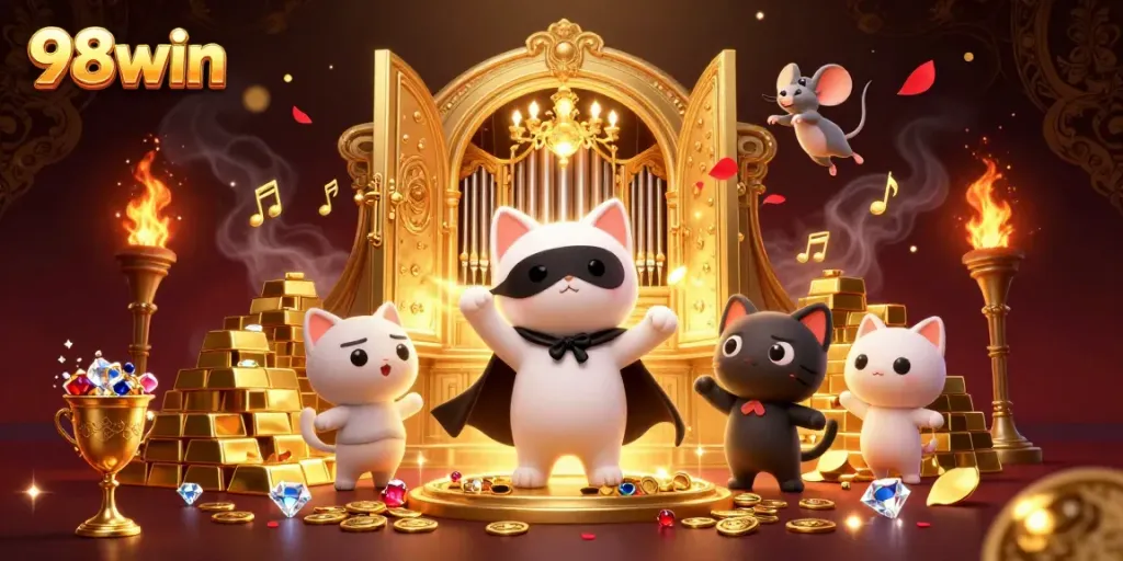 Experience thrilling moments with 98win as a white cat playing organ among treasure and gems in this vibrant casino scene.