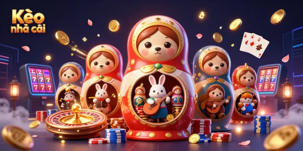 Engage with Kèo nhà cái in this vibrant illustration showing a playful mix of cartoon bears, casino games, and golden elements.