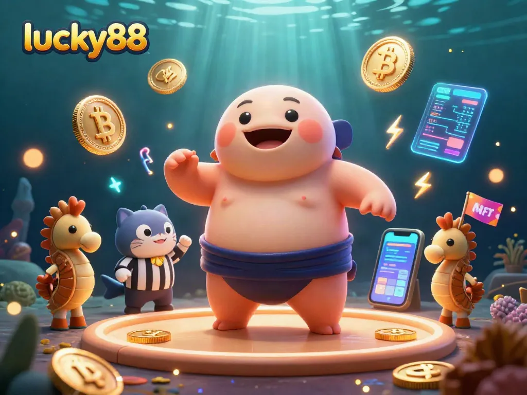 Engage with lucky88's exciting gaming adventure featuring a fugu sumo match and cryptocurrency elements.