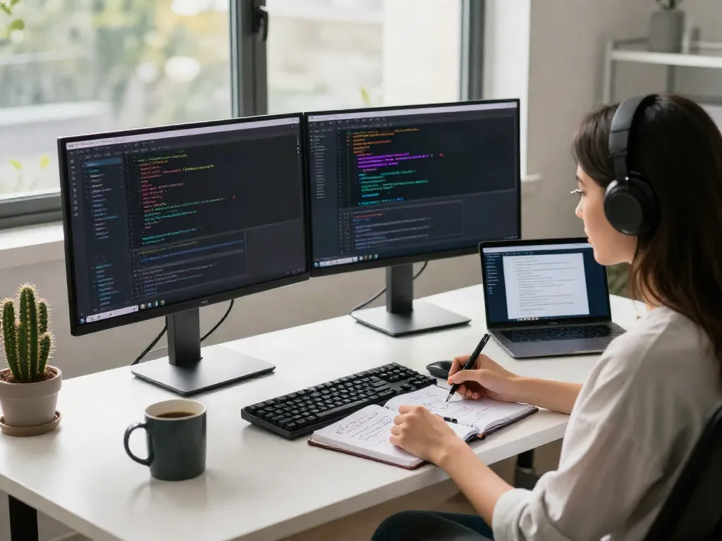 Engaged developer working on uncensored AI chat software in a modern office.