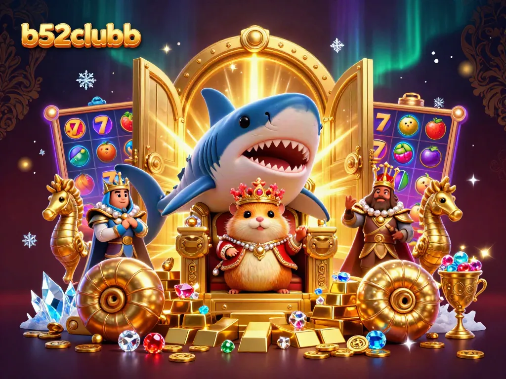 Join the b52clubb golden hamster king in a vibrant casino scene of slots and treasures.