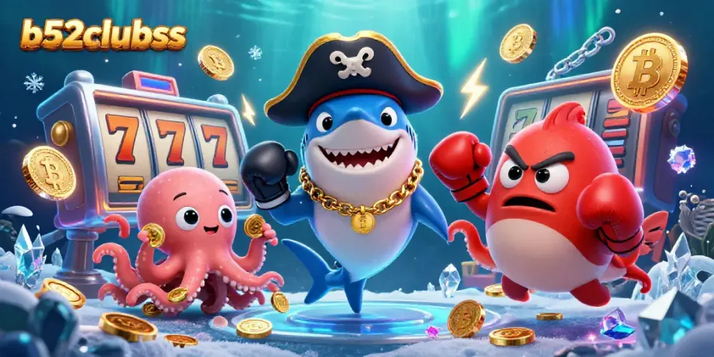 Engaging b52clubsss casino scene with a pirate shark, pufferfish, and octopus amidst slot reels, coins, and blockchain elements.