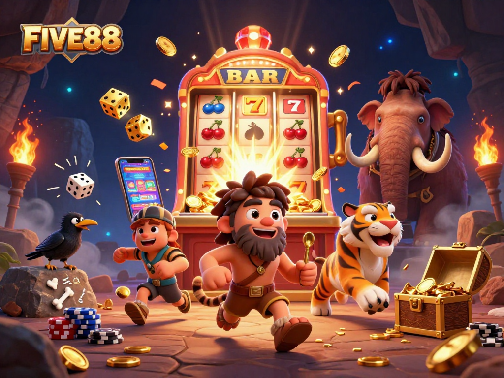 FIVE88 brings a vibrant casino experience with cartoon characters enjoying a jackpot explosion.