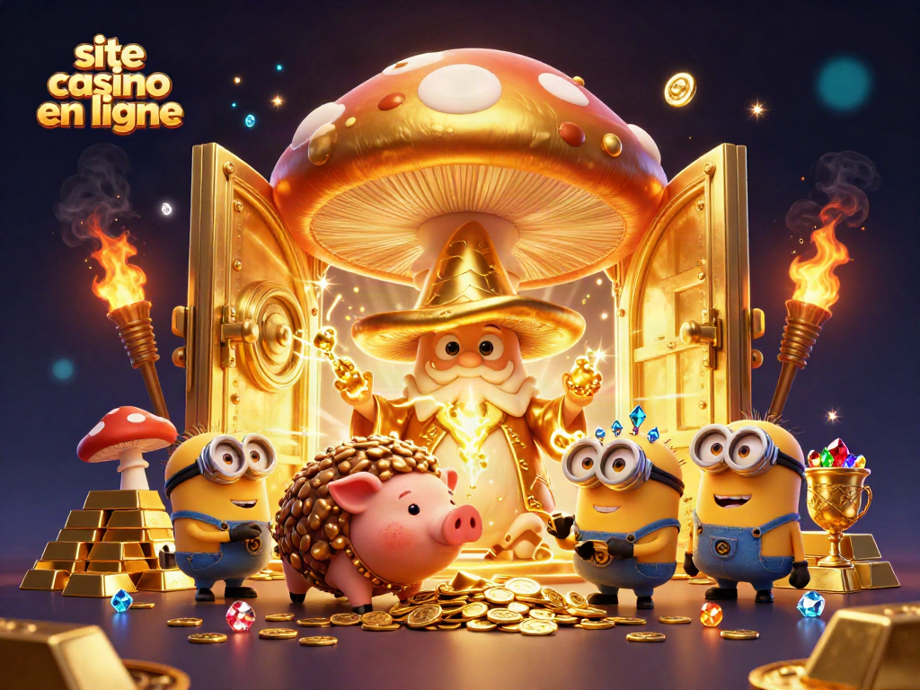 Illustration d'un site casino en ligne avec un sorcier en champignon doré, trésors scintillants et magie.