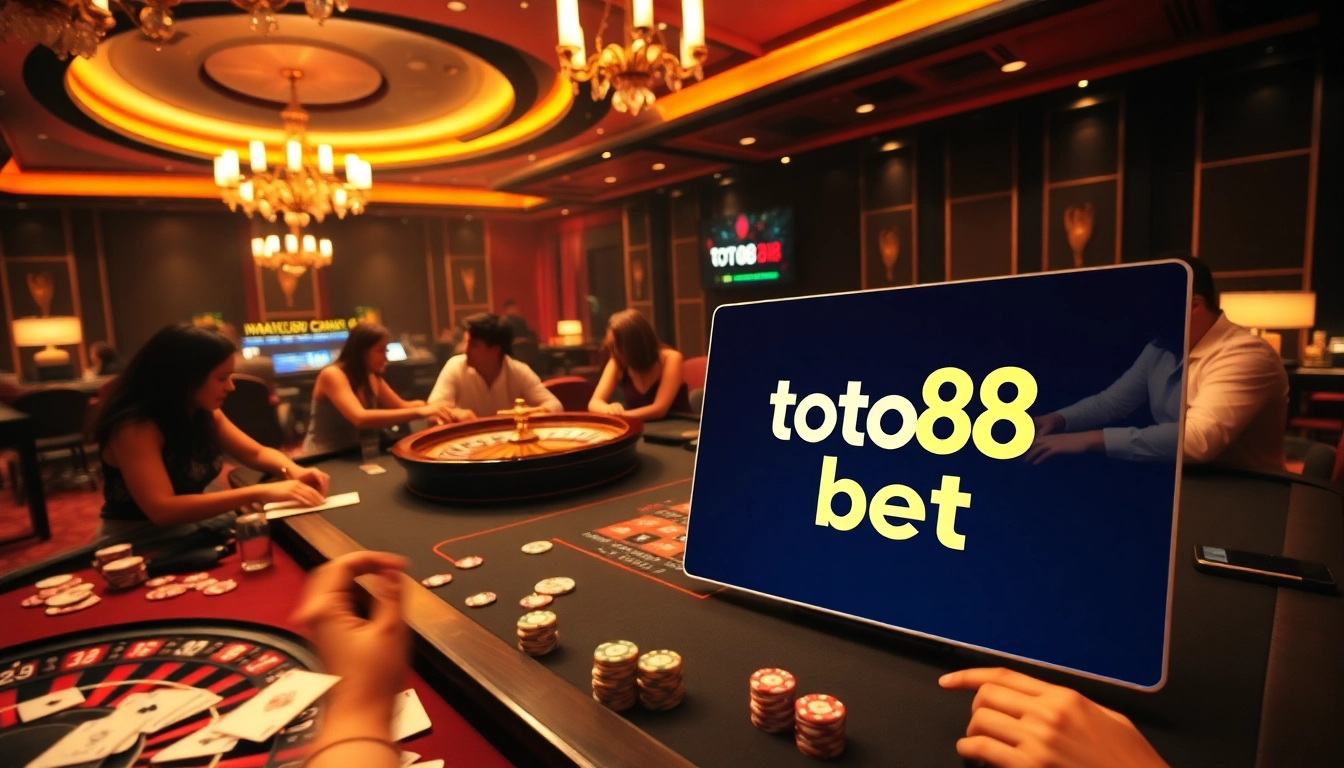 Experience the thrilling excitement of toto88 bet with vibrant casino visuals featuring players and gaming tables.