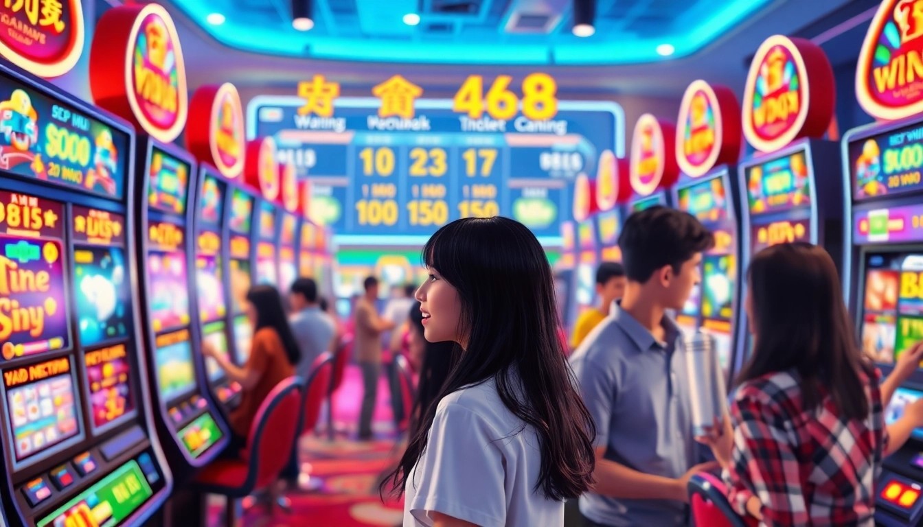 Nổ hũ abc8 showcasing a lively online casino with vibrant slot machines and excited players.