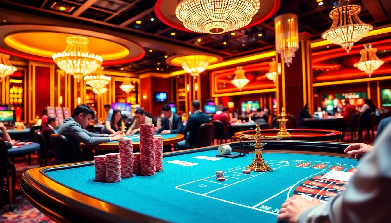 368BET players enjoying a thrilling game at a luxurious casino table filled with vibrant cards and chips.