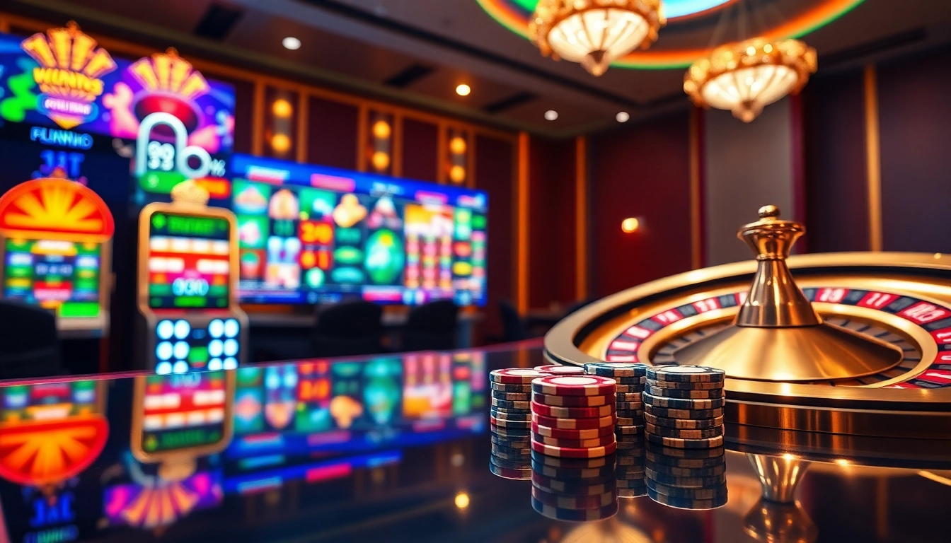 Experience the thrill of GACAM888 with an exciting online casino scene featuring vibrant slot machines and poker tables.