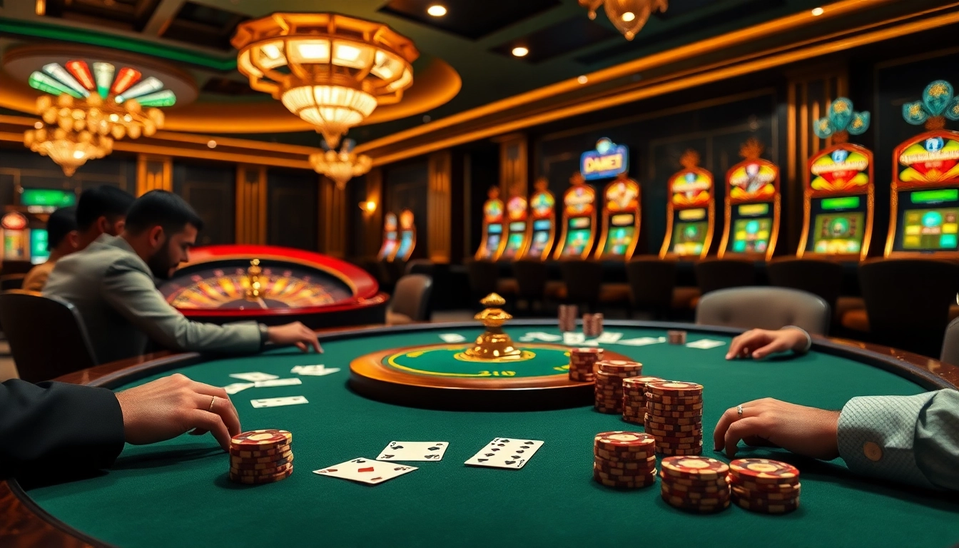 Dabet players enjoying an intense poker game at a luxurious casino table.