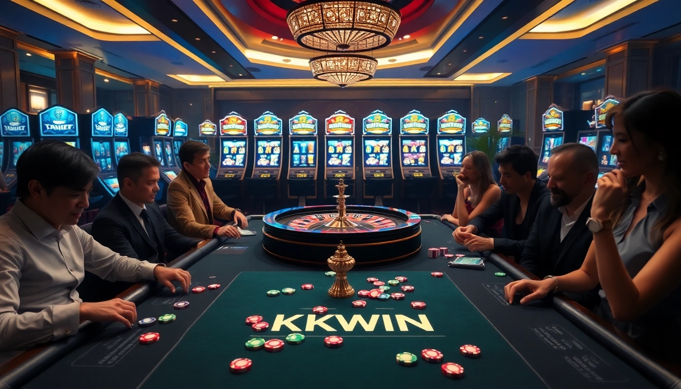 Exciting KKWIN casino scene with roulette wheel and colorful poker chips on a luxury table.