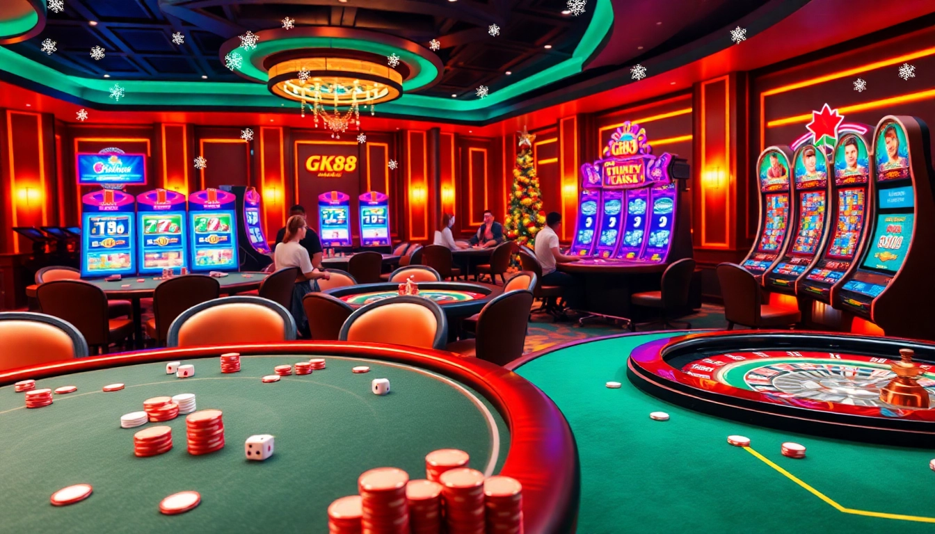 Experience exciting online gambling at https://gk88.city/ with festive casino elements and vibrant gaming atmosphere.