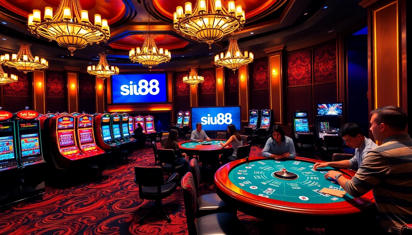 Siu88 casino players enjoying intense card games amidst luxury slot machines.