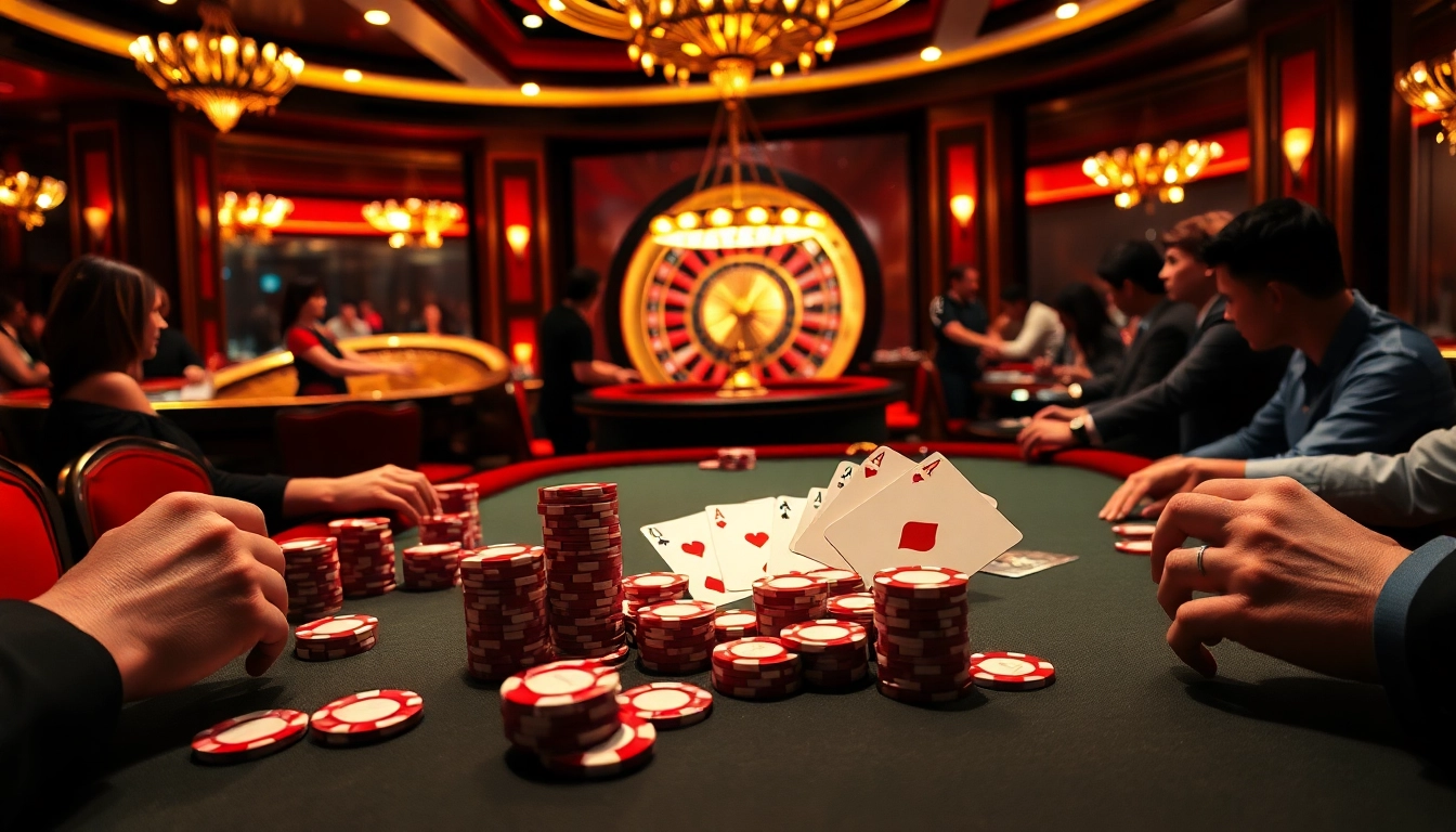 Experience the excitement of Fsbet with vibrant poker tables and a dazzling roulette wheel.