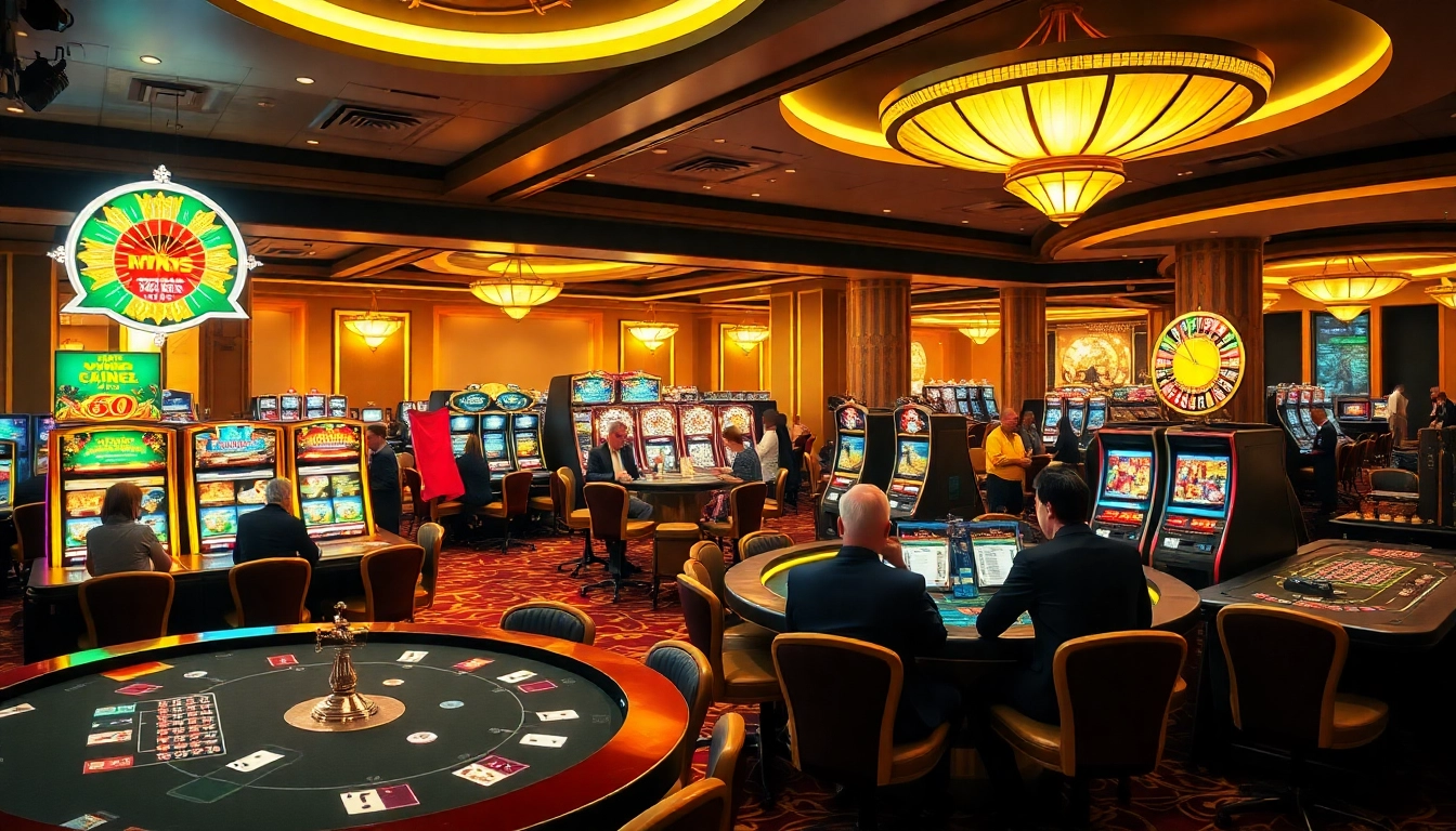 Vibrant casino scene at https://f8bet.ventures/ showcasing poker, roulette, and slot machines.