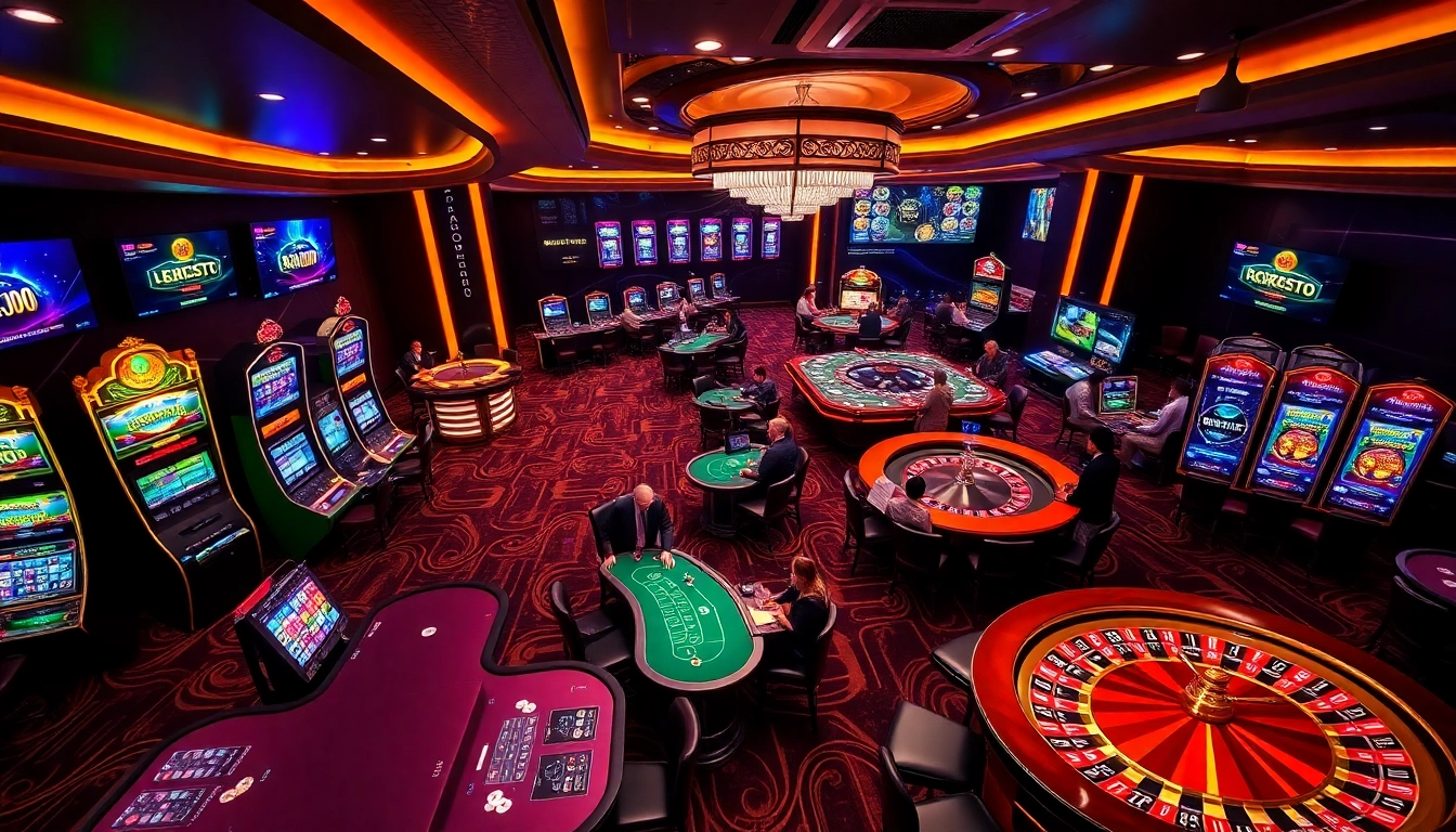 Exciting gameplay at crypto casinos featuring vibrant slot machines and elegant poker tables.