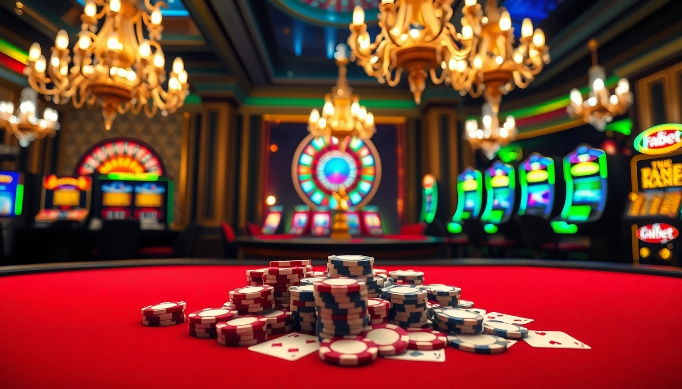 Fabet poker scene with luxurious table, vibrant chips, and roulette wheel for thrilling gameplay.