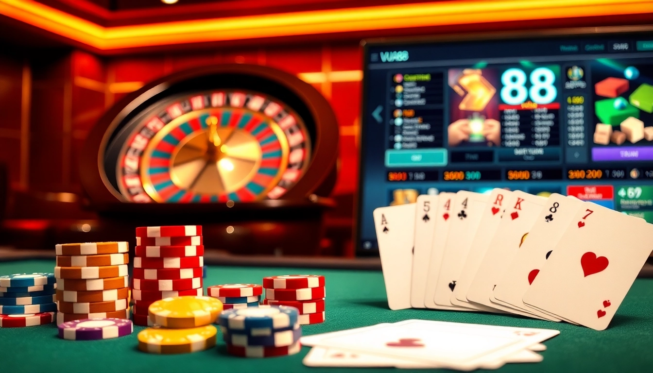Engaging VUA88 casino scene featuring poker chips, dice, and a roulette wheel